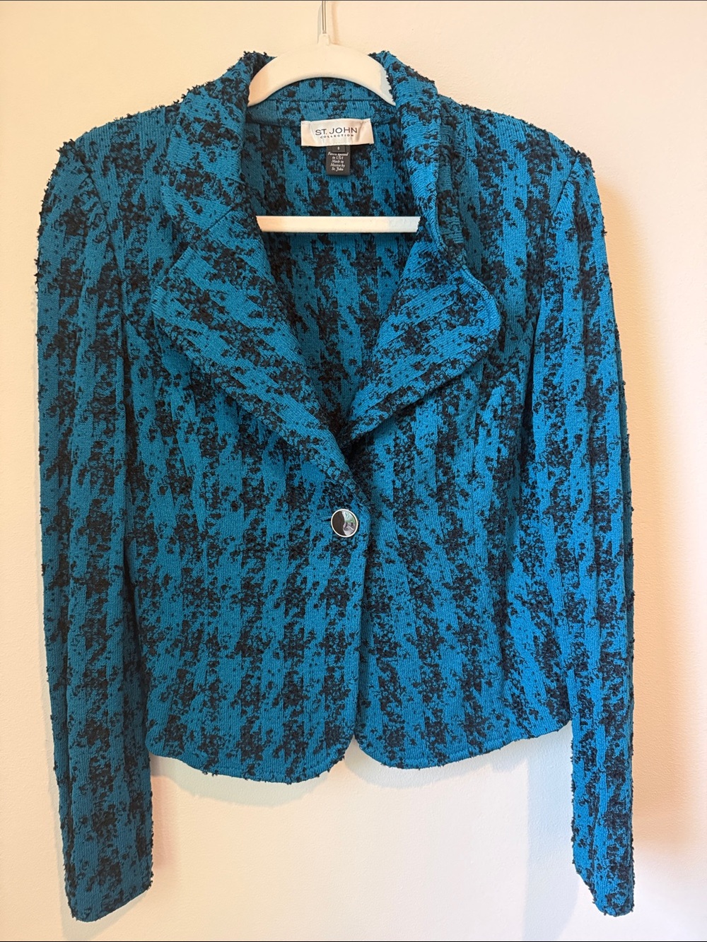 St. John Teal and Black Textured Houndstooth Blazer